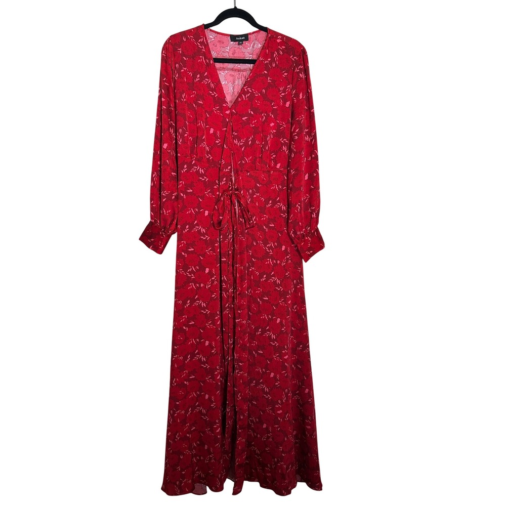 Aakaa Red Floral Maxi Dress XL Long Sleeve V-Neck Tie Waist Event Feminine